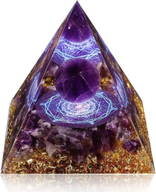Orgone Pyramid with Amethyst & Obsidian for meditation, energy healing, and home décor.