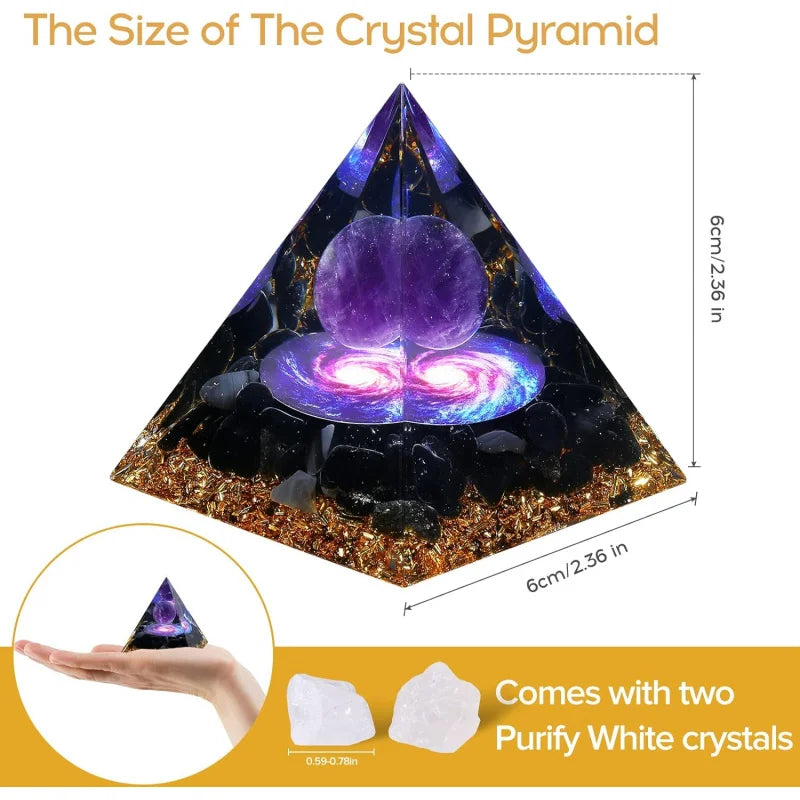 Orgone Pyramid with Amethyst & Obsidian for meditation, energy healing, and home décor.