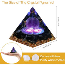 Orgone Pyramid with Amethyst & Obsidian for meditation, energy healing, and home décor.