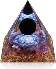 Orgone Pyramid with Amethyst & Obsidian for meditation, energy healing, and home décor.