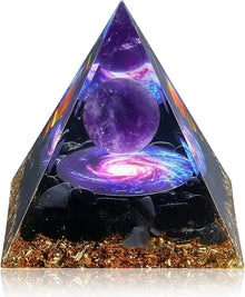 Orgone Pyramid with Amethyst & Obsidian for meditation, energy healing, and home décor.