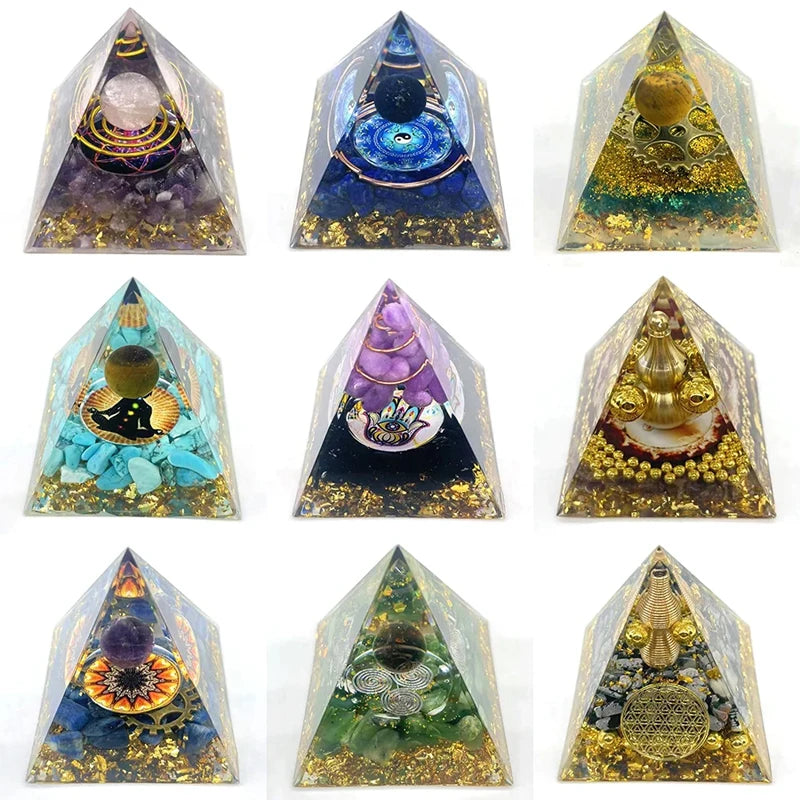 Orgonite Crystal Pyramid Energy Generator for meditation, energy healing, and home décor.