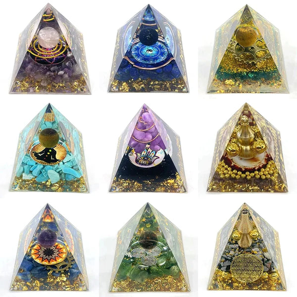 Orgonite Crystal Pyramid Energy Generator for meditation, energy healing, and home décor.