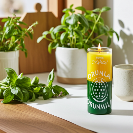 ORUNLA-ORISHAS yellow and green glass prayer candle for ceremonial use, spiritual focus, and devotional practice.