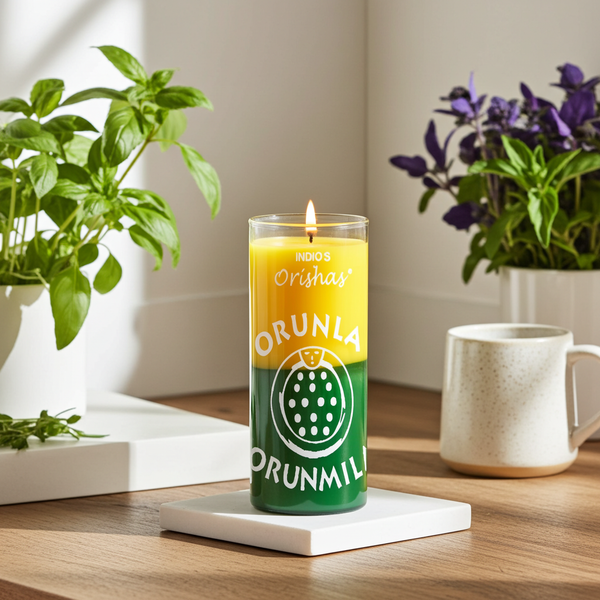 ORUNLA-ORISHAS yellow and green 7 day candle in glass jar for spiritual devotion, altar work, and ritual prayer.