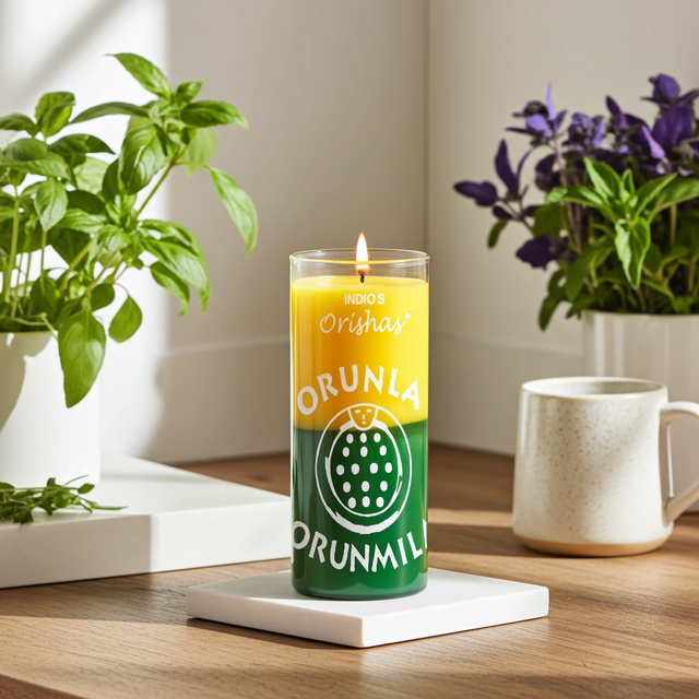 ORUNLA-ORISHAS yellow and green 7 day candle in glass jar for spiritual devotion, altar work, and ritual prayer.
