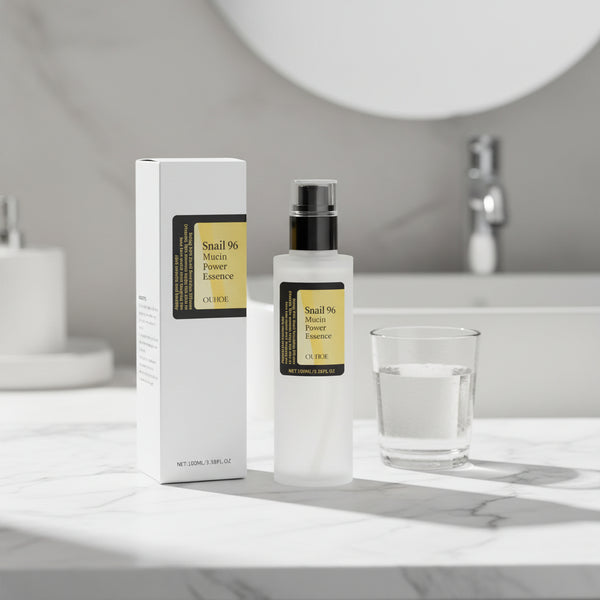 OUHOE Brightening Snail Mucin Essence bottle for smoothing skin texture, softening dry areas, and everyday skincare use.