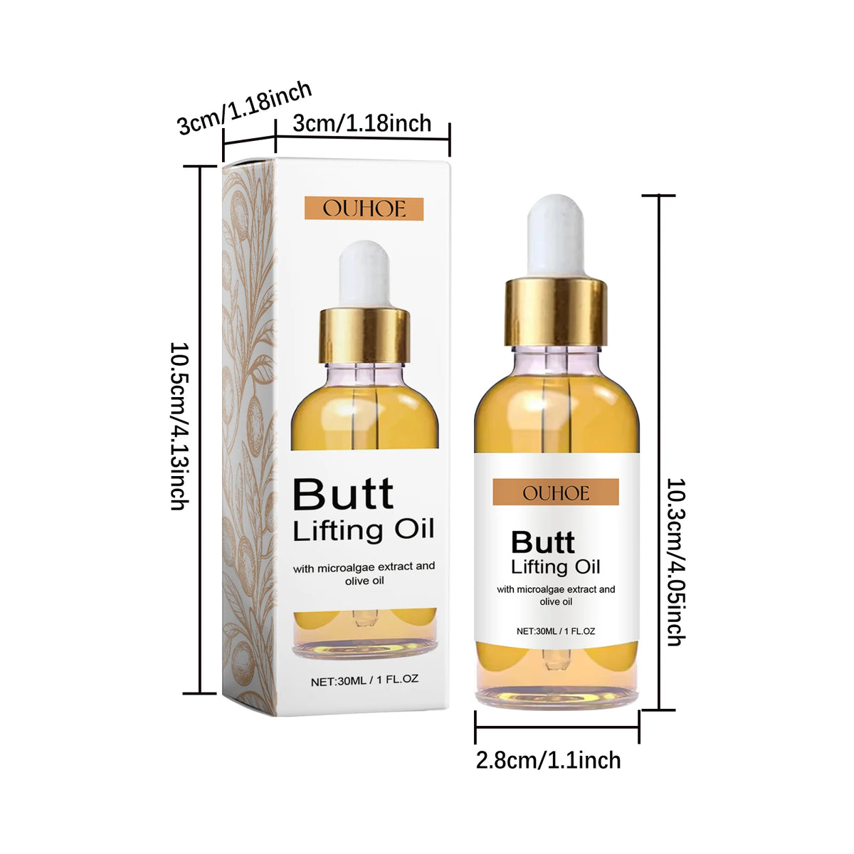 OUHOE buttock firming oil bottle for massage treatment, firming skin care, and daily moisturizing.