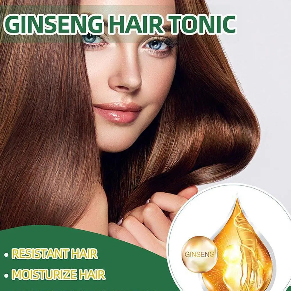 OUHOE Ginseng Hair Serum Spray advertisement with woman and product illustration.