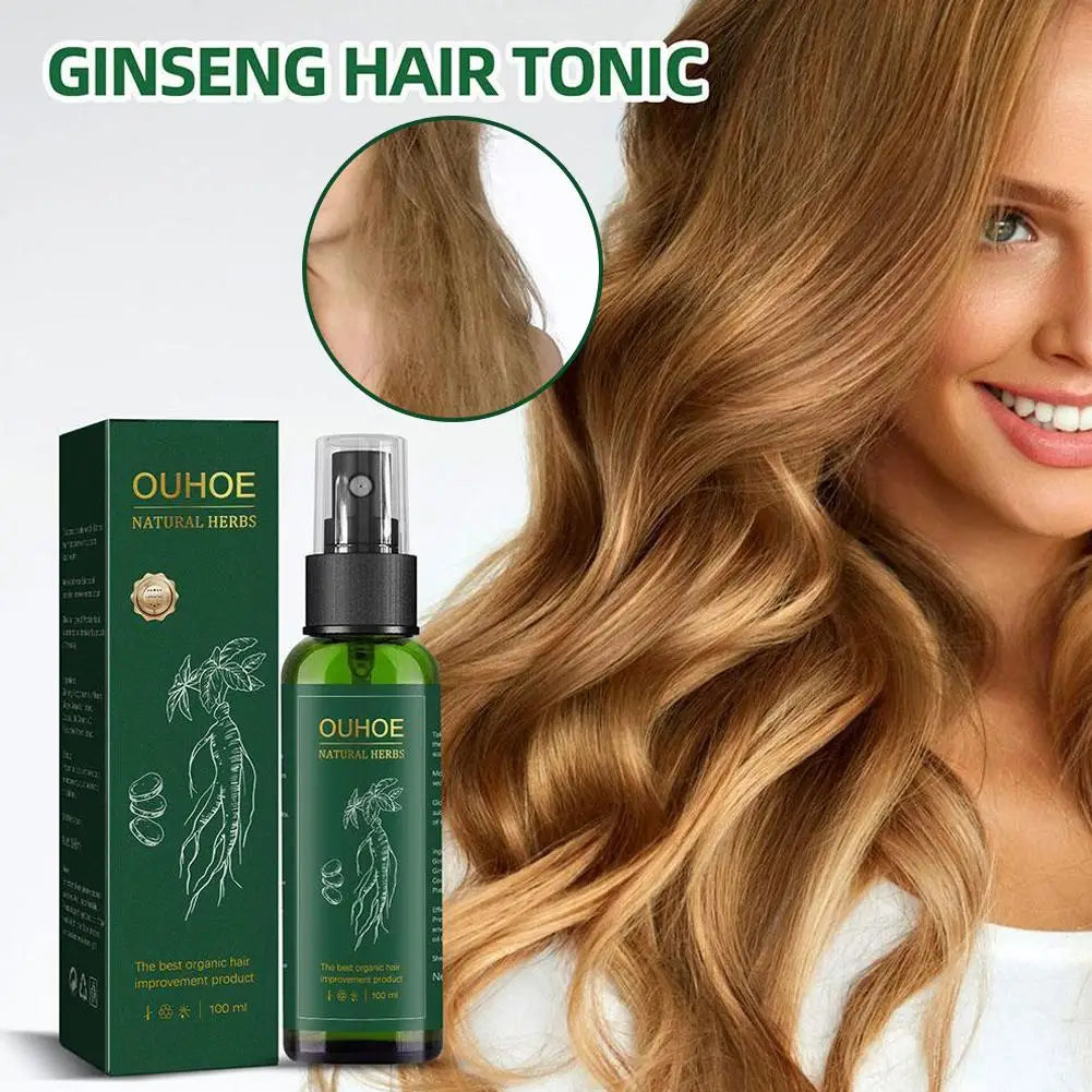 OUHOE Ginseng Hair Serum Spray with woman displaying healthy hair and product.