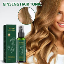 OUHOE Ginseng Hair Serum Spray with woman displaying healthy hair and product.