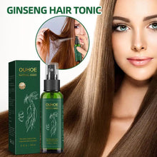 OUHOE Ginseng Hair Serum Spray packaging with woman showing long hair results.
