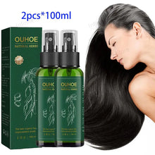 OUHOE Ginseng Hair Serum Spray with woman with long black hair on white background.