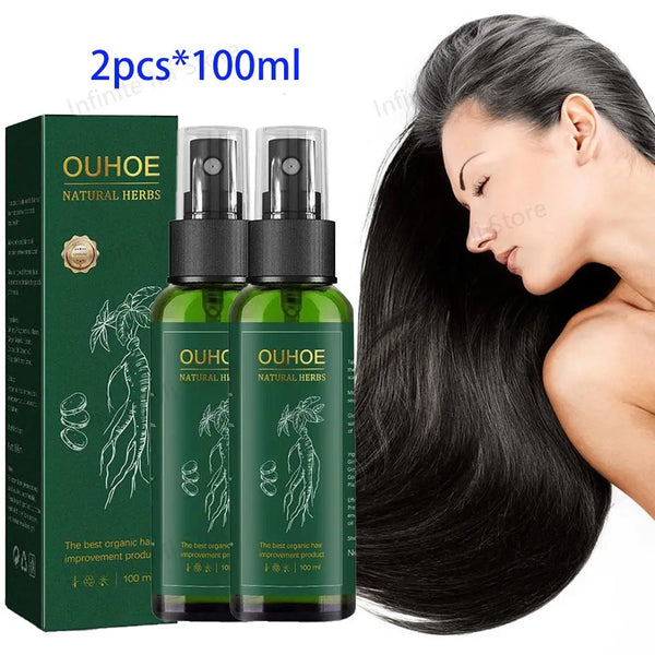 OUHOE Ginseng Hair Serum Spray with woman with long black hair on white background.