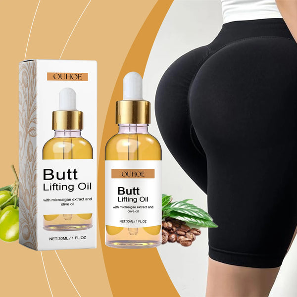OUHOE Hip & Butt Firming Massage Oil bottle for moisturizing, nourishing, and firming body care.