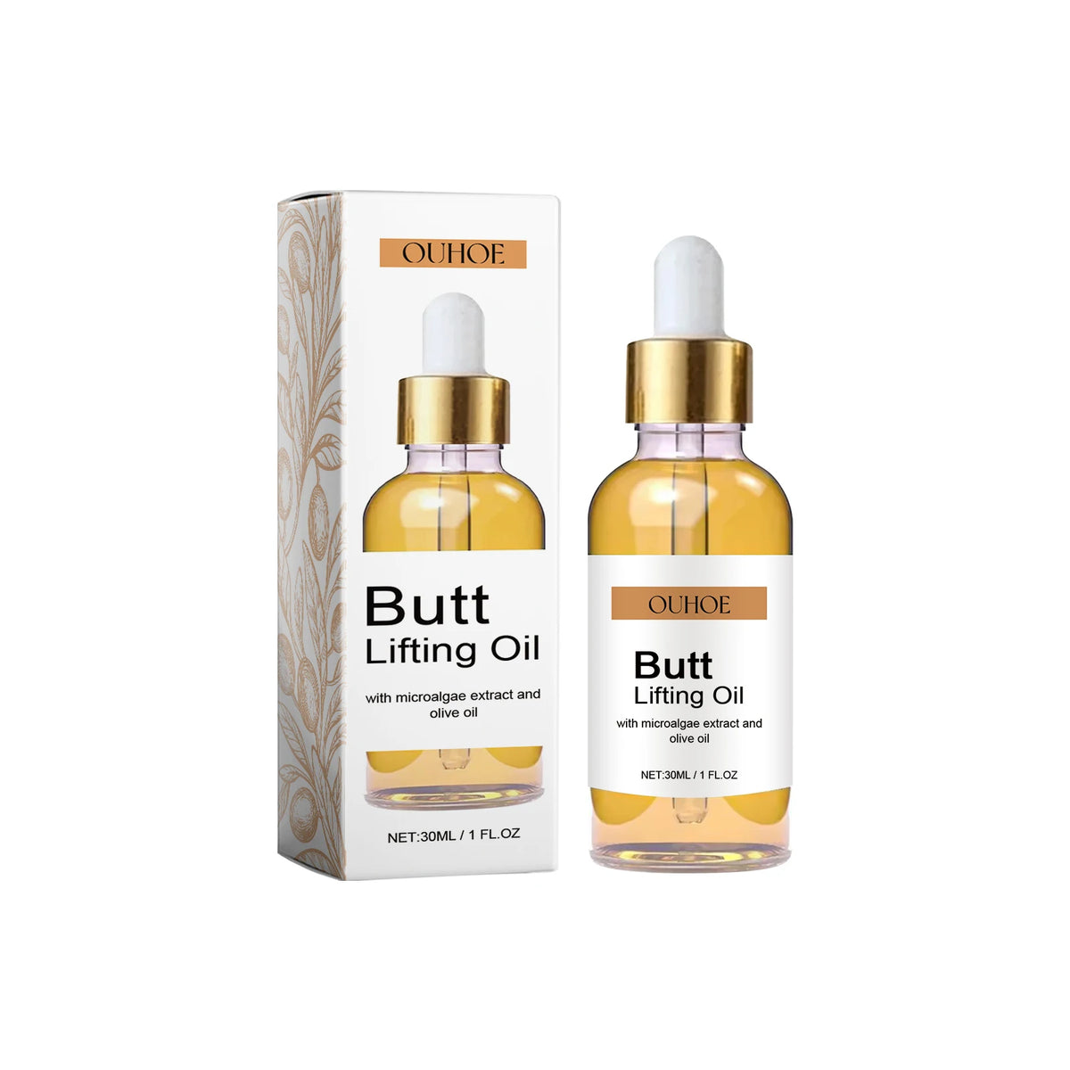 OUHOE hip firming massage oil bottle for body moisturizing, skin care, and nourishing dry skin.