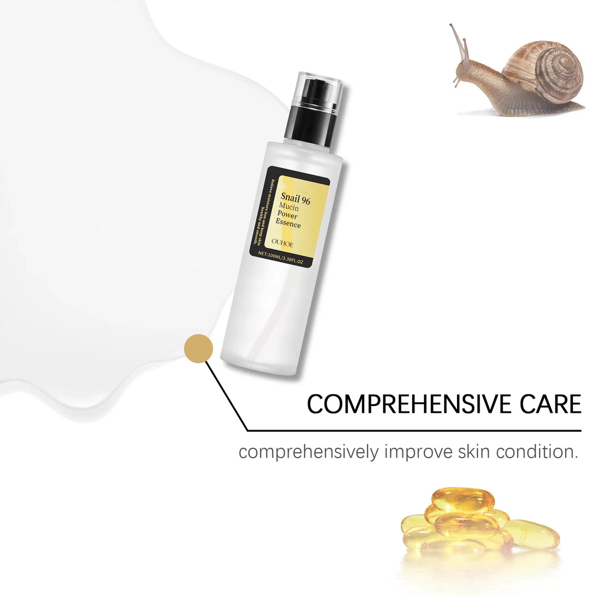OUHOE Moisturizing Snail 96 Mucin Power Essence bottle for firming care, skin conditioning, and long-lasting hydration.