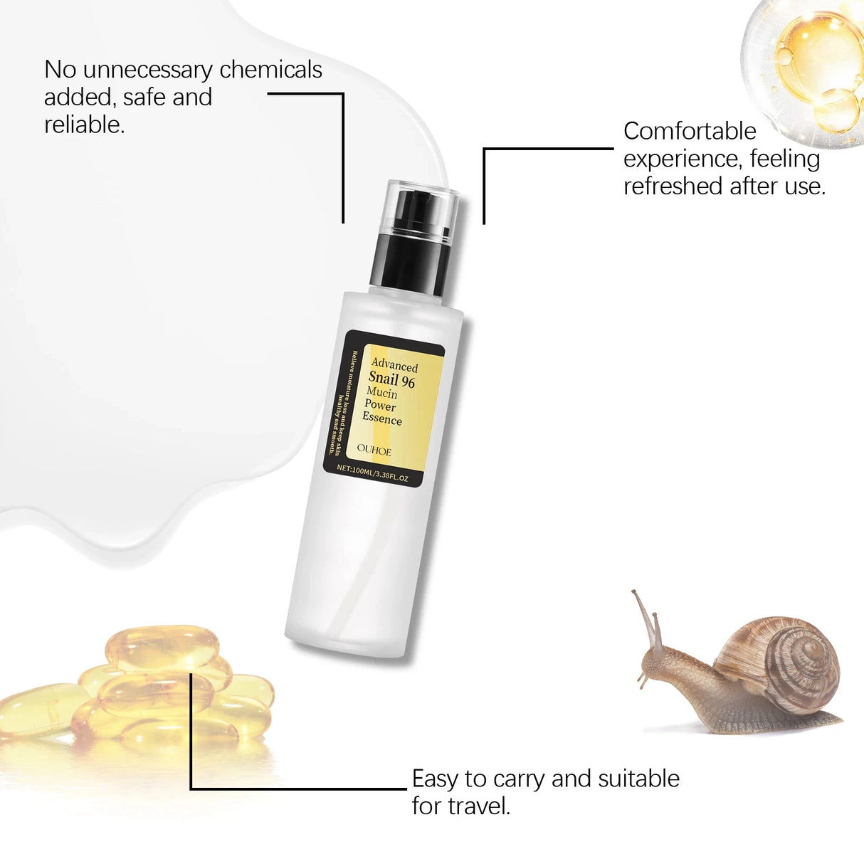 OUHOE Snail 96 Essence serum bottle for fading the appearance of fine lines, nourishing skin, and hydrating the face.