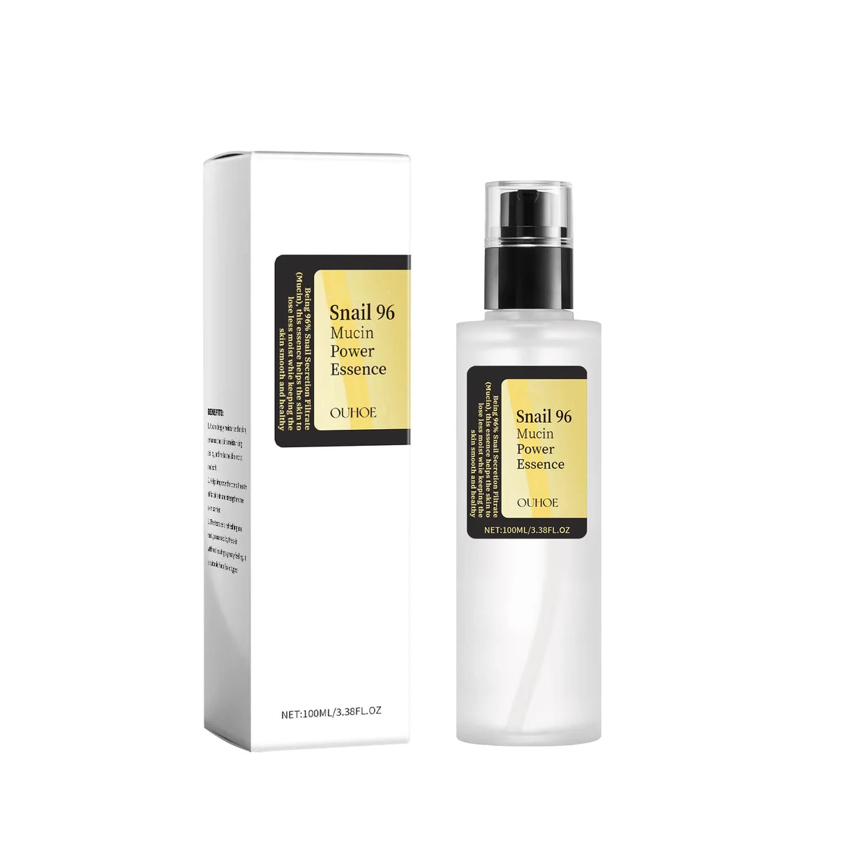 OUHOE Snail 96 Mucin Essence facial care bottle for brightening dull-looking skin, moisturizing deeply, and daily routine use.