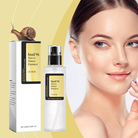 OUHOE Snail 96 Mucin Power Essence bottle for moisturizing, softening, and fine line care in a daily skincare routine.