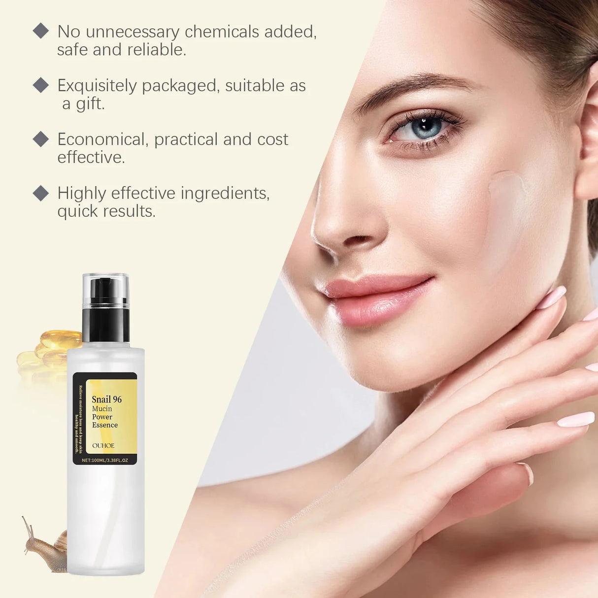 OUHOE Snail Mucin Power Essence face bottle for smoothing rough texture, boosting moisture, and daily facial care.