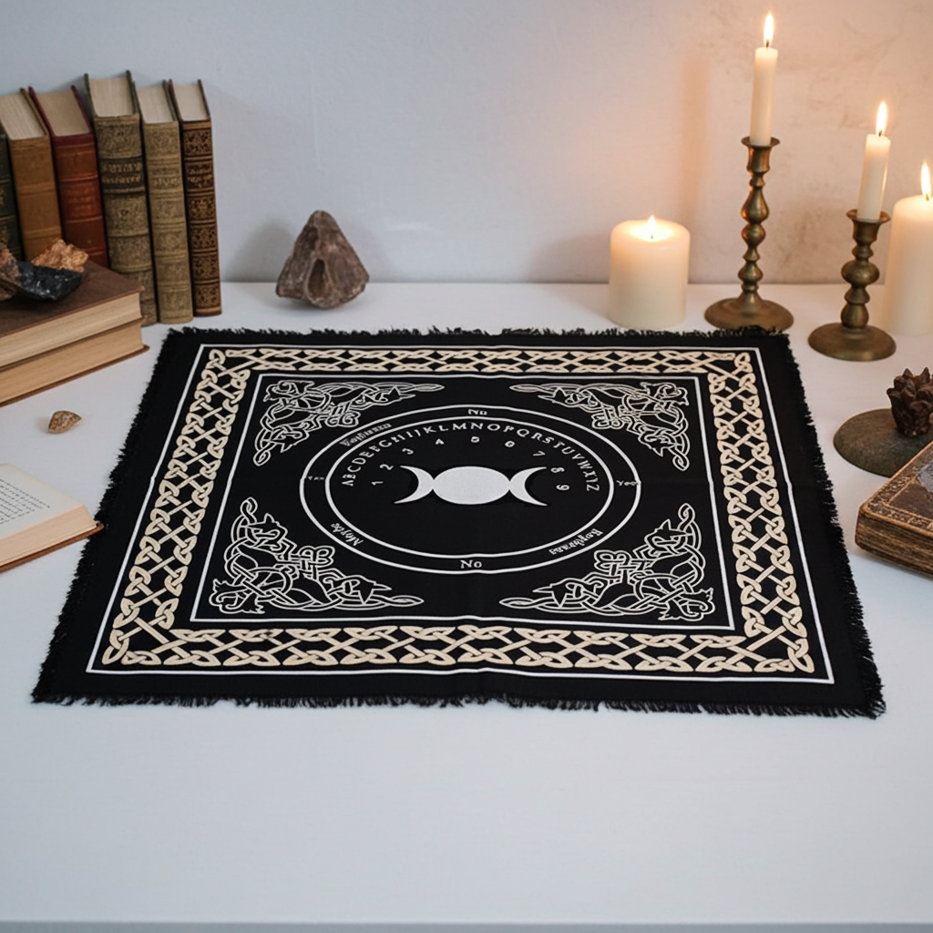 Ouija Board Triple Moon altar cloth for ritual work, divination practice, and sacred space setup.