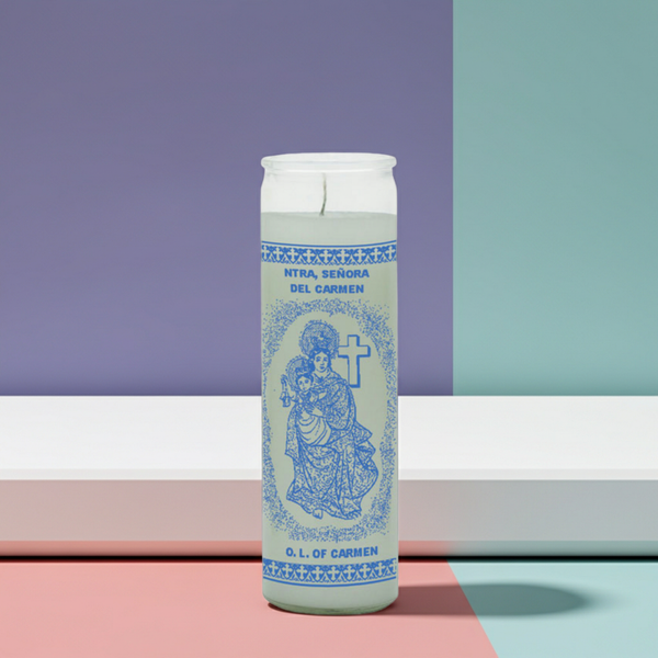 Our Lady of Carmen white 1 color 7 day candle glass prayer candle for devotional use, altar prayer, and spiritual practice.