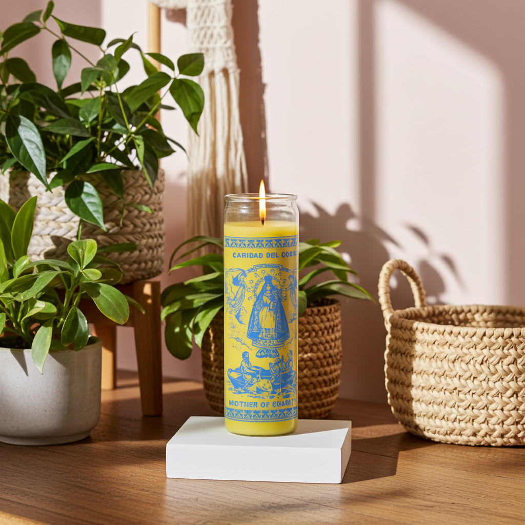 Our Lady of Charity 7 day prayer candle in yellow glass for novena prayer, blessing, and devotional practice.