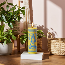 Our Lady of Charity 7 day prayer candle in yellow glass for novena prayer, blessing, and devotional practice.