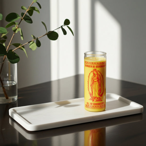 Our Lady of Guadalupe yellow 1 color 7 day candle in glass jar for prayer, devotion, and spiritual altar use.