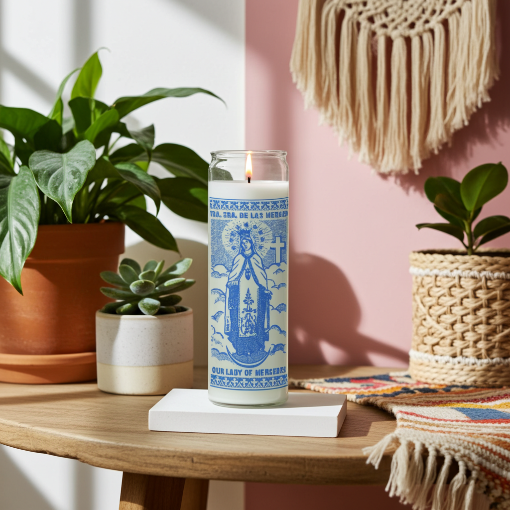 Our Lady of Merced 7 day white devotional candle in glass container for novena prayer, blessing, and religious use.