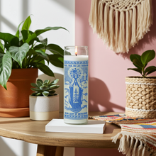 Our Lady of Merced 7 day white devotional candle in glass container for novena prayer, blessing, and religious use.