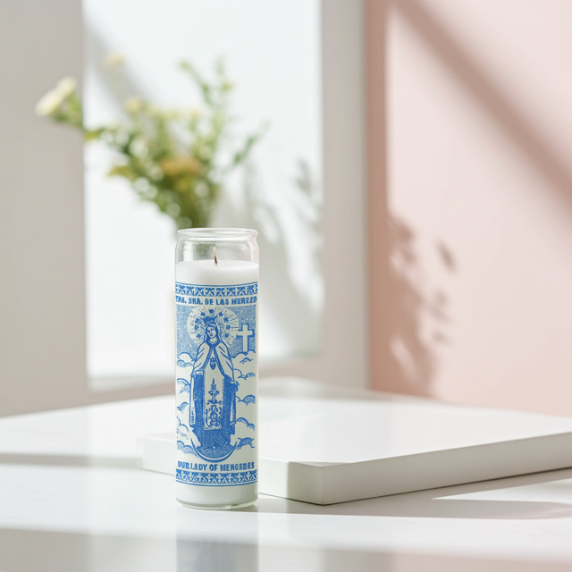 Our Lady of Merced white 7 day candle in glass jar for prayer, devotion, and spiritual altar use.