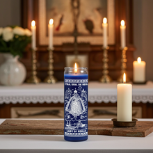 Our Lady of Regla 7 day prayer candle in blue glass container for devotional prayer, blessings, and home shrine use.