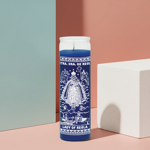 Our Lady of Regla blue 7 day candle in glass jar for prayer, spiritual devotion, and altar use.
