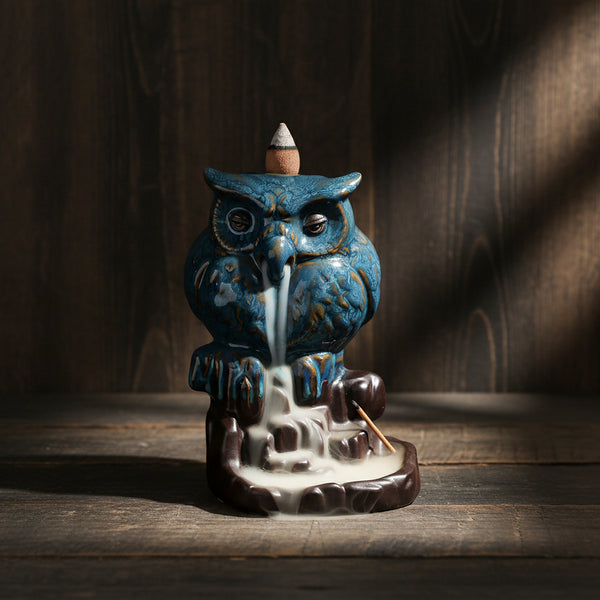 Owl backflow cone incense burner for cascading smoke display, meditation, and home relaxation.
