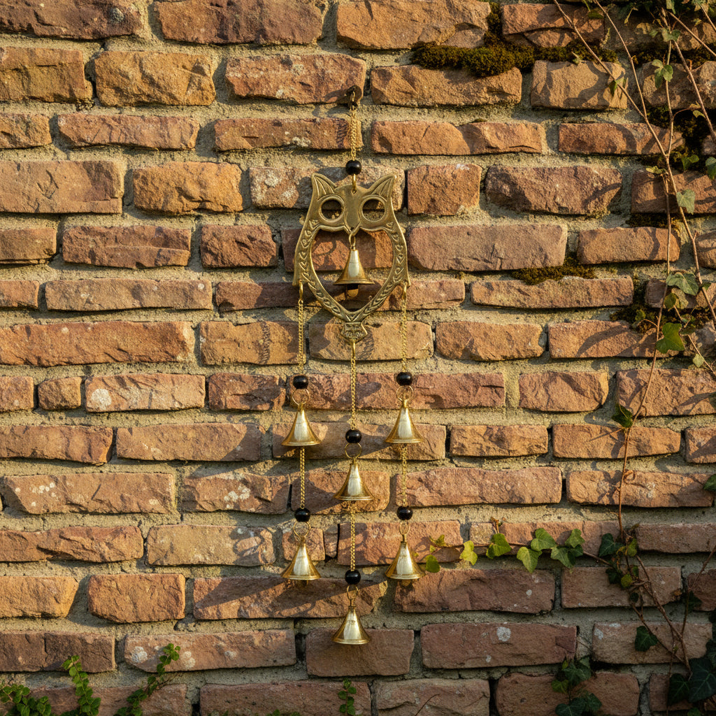 Owl brass bell chime 16 inches with beaded strand for hanging decor, wind chime, and ritual bell use.