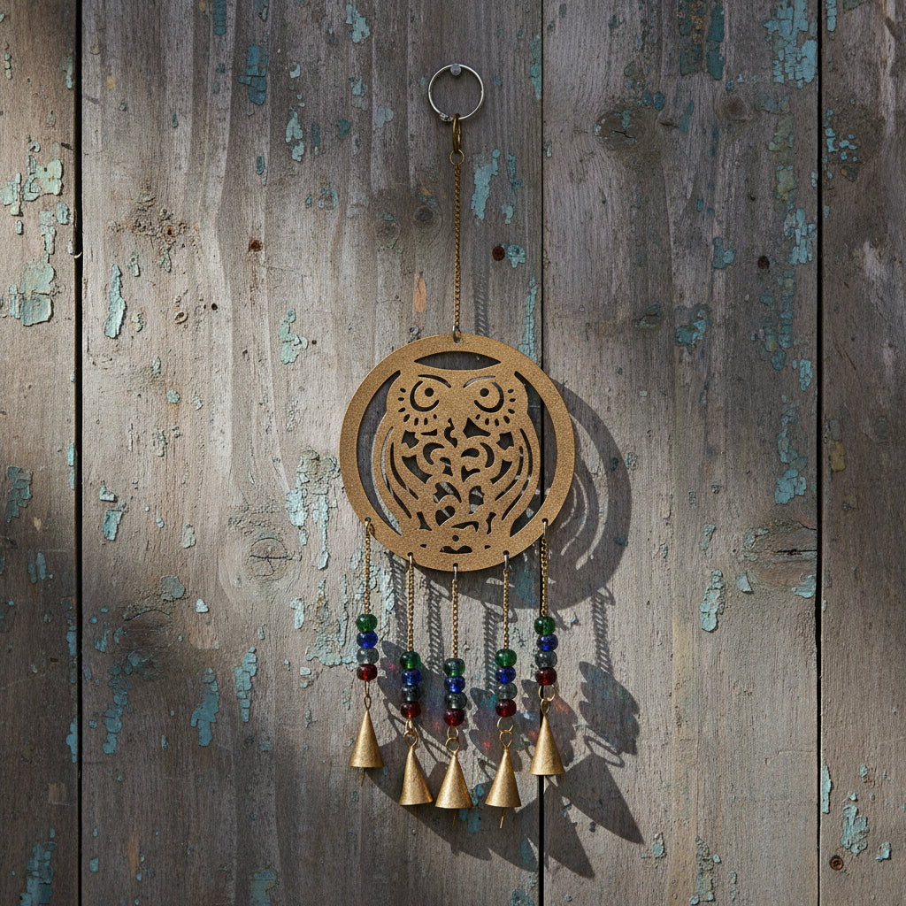 Owl brass bell chime large in gold metal for hanging decor, wind chime, and ritual bell use.
