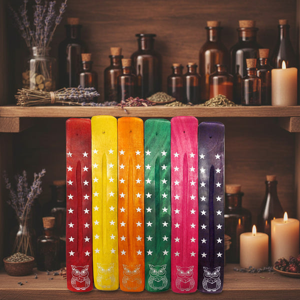 Owl colorful painted wood ash catcher for stick incense burning, catching ash, and decorative use.