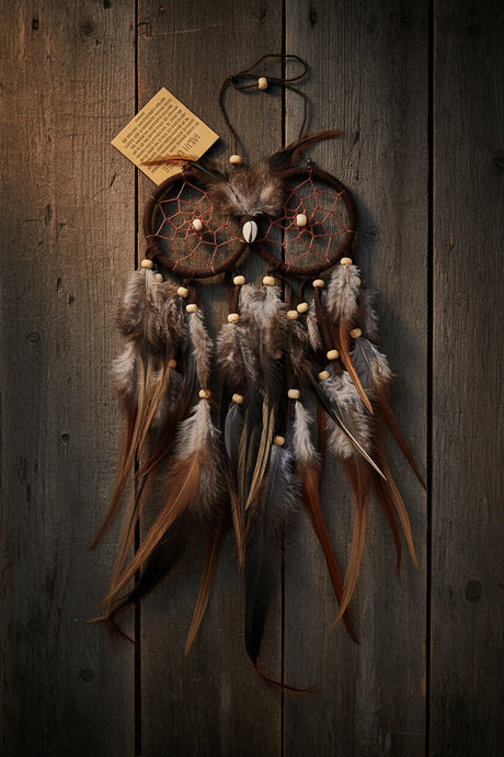 Owl Eyes dreamcatcher with feathers and beads, 6 by 10 inches