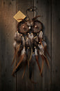 Owl Eyes dreamcatcher with feathers and beads, 6 by 10 inches