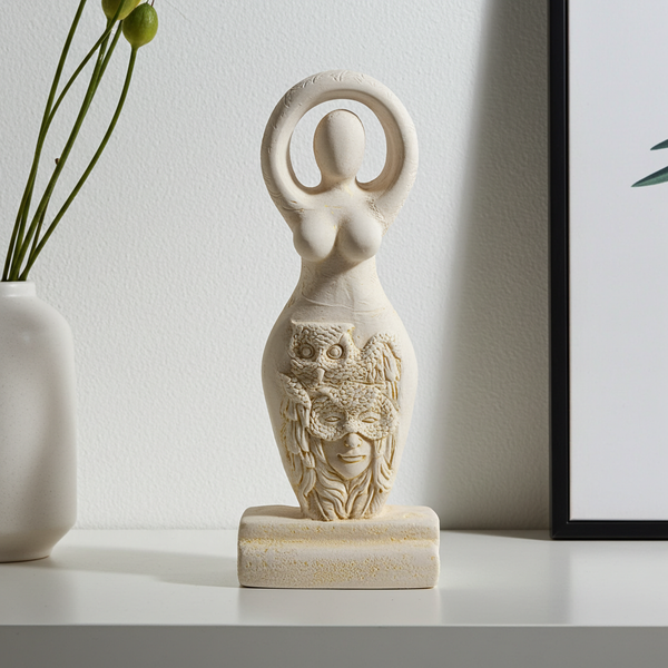 Owl Goddess figurine statue for altar decor, spiritual display, and sacred space styling.
