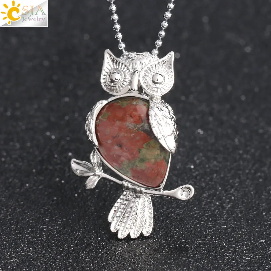 Owl natural stone teardrop pendant necklace for daily fashion, symbolic jewelry wear, and outfit accessorizing.
