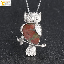 Owl natural stone teardrop pendant necklace for daily fashion, symbolic jewelry wear, and outfit accessorizing.