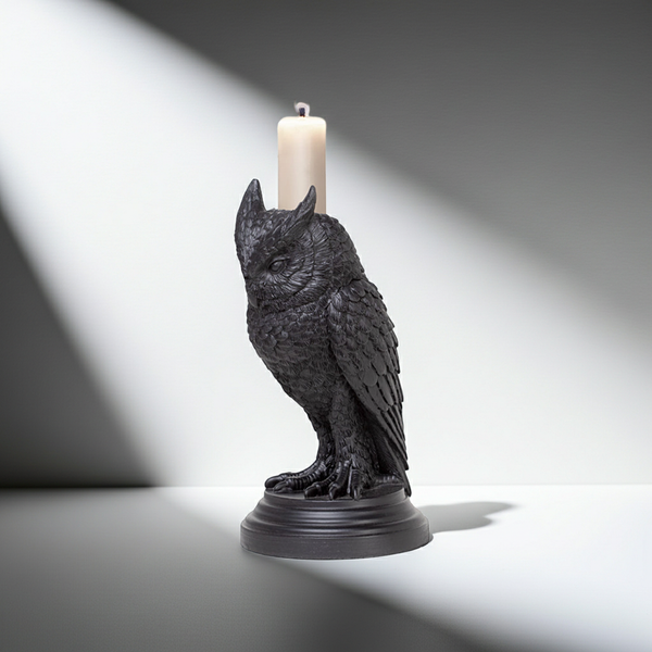 Owl of Astrontiel candlestick holder statue for holding taper candles in gothic altar, mantel, and home decor displays.