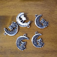 Owl perched on crescent moon charm for jewelry making, meditation malas, and spiritual accessories.