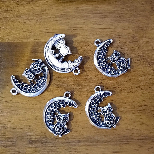Owl perched on crescent moon charm for jewelry making, meditation malas, and spiritual accessories.
