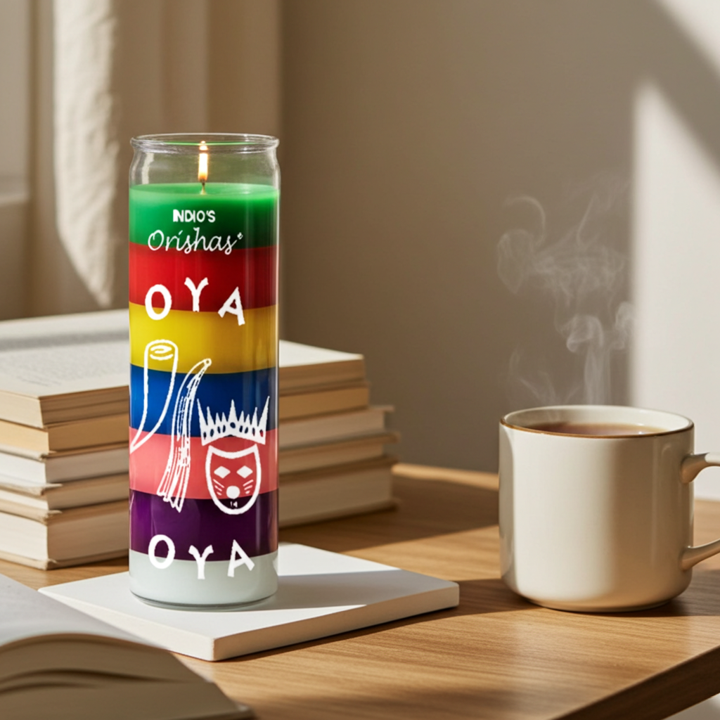 OYA--ORISHAS Seven Color 7 Day prayer candle in glass for meditation, spiritual offerings, and sacred space use.