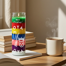 OYA--ORISHAS Seven Color 7 Day prayer candle in glass for meditation, spiritual offerings, and sacred space use.