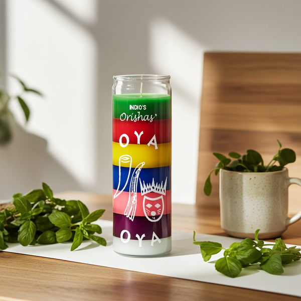 OYA--ORISHAS Seven Color 7 Day candle glass jar candle for spiritual rituals, altar work, and devotional prayer use.